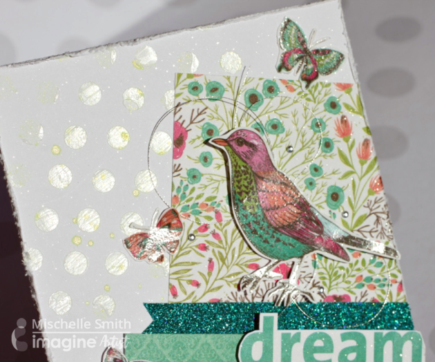 finished Dream card. Birds, teal, pink, green, shimmer. 