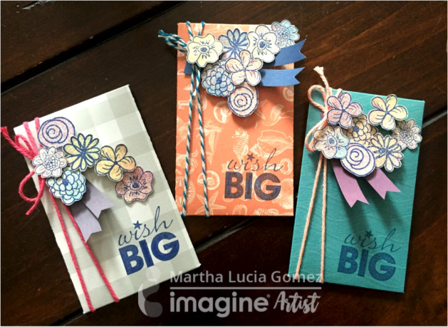 gift tags made from dcwv paper. wish big. flower stamps from hero arts.