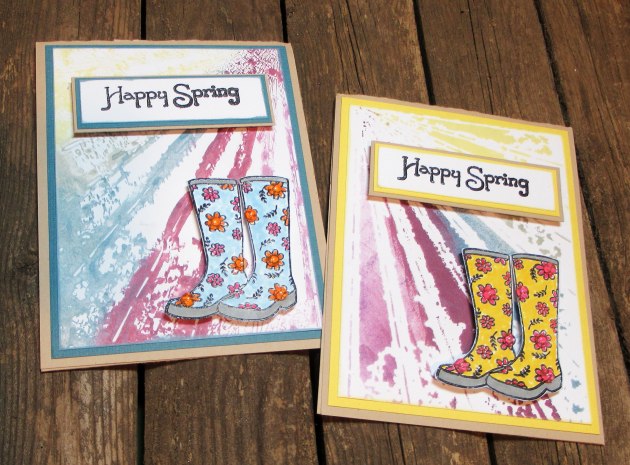 Make a Cute Rainboots Theme "Happy Spring" Card with VersaMagic DewDrop inks. 