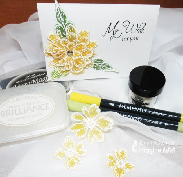 See How to Emboss on Vellum with Brilliance and color the flower stamps with Memento dye ink markers