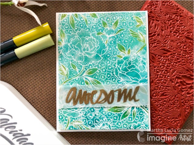 Create an Awesome Watercolored Background with Kaleidacolor Ink. This handmade card also has a beautiful vellum sentiment embossing in Gold. 