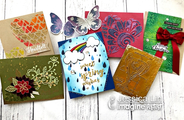 Six greeting cards made with different heat embossing techniques using Mboss embossing powder by Imagine